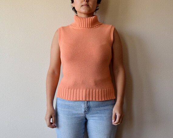 90s Sleeveless Turtleneck Pastel Orange Knit Tank Top Small Etsy UK