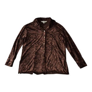 May include: A long-sleeved, button-down shirt in a rich brown color. The shirt is made of a soft, velvety fabric with a subtle, textured pattern. It features a classic collar and button closure down the front. The shirt is a versatile piece for a variety of outfits.