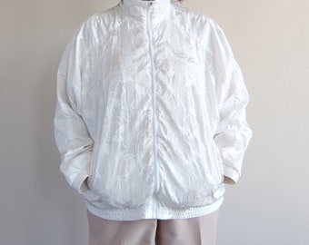 Vintage 80s White Floral Satin Bomber Jacket - Size Small