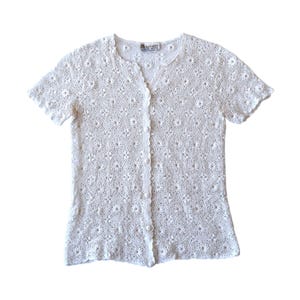 Vintage 70s White Floral Crochet Cottagecore Sweater, Button Up Cardigan XS-S
