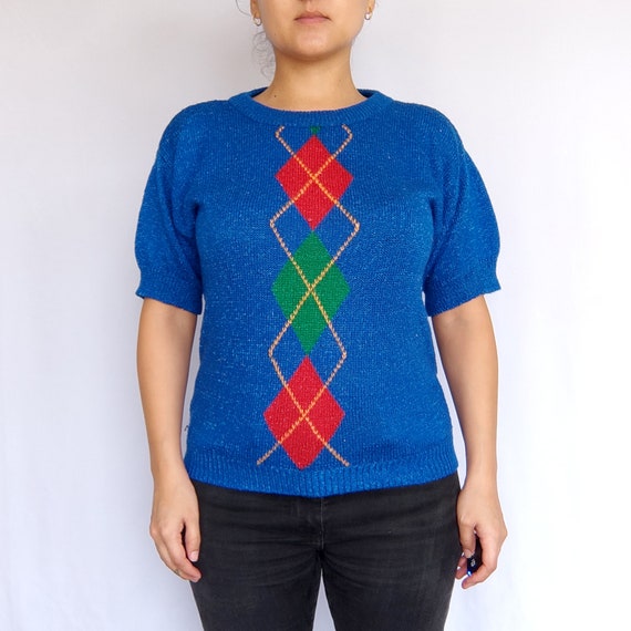 Vintage 80s Blue Argyle Short Sleeve Sweater Top,… - image 5