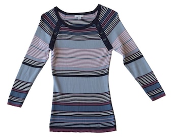 Y2K Blue Ribbed Striped Knit Top w/ Shoulder Ring Detail Medium