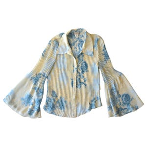 Vintage 70s Blue Floral Chiffon Bell Sleeve Blouse - Size Medium Large