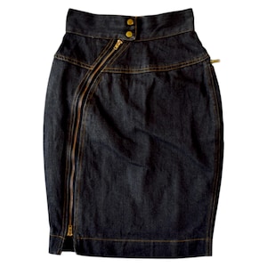 Vintage 80s Rare Dark Denim Midi Pencil Skirt with Asymmetrical Zipper XS-S
