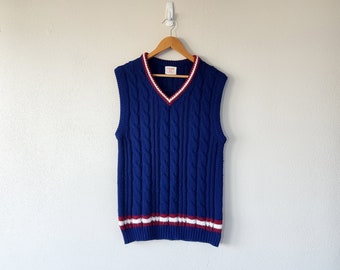 70s navy blue cable knit sweater vest size large