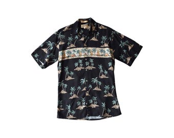 Vtg Campia Moda 100% Rayon Tropisches Hemd - S - Schwarze Palme Hawaiianisch