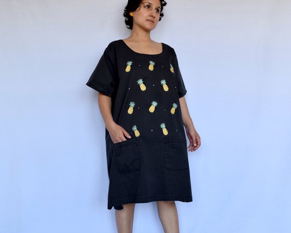 80s casual summer embroidered pineapple dress siz… - image 2