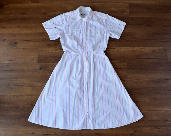 80s does 1950s shirt dress colorful striped - image 5