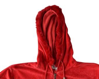 Vintage Y2K Red Velour Zip Hoodie Jacket With Faux Fur Trim - Size