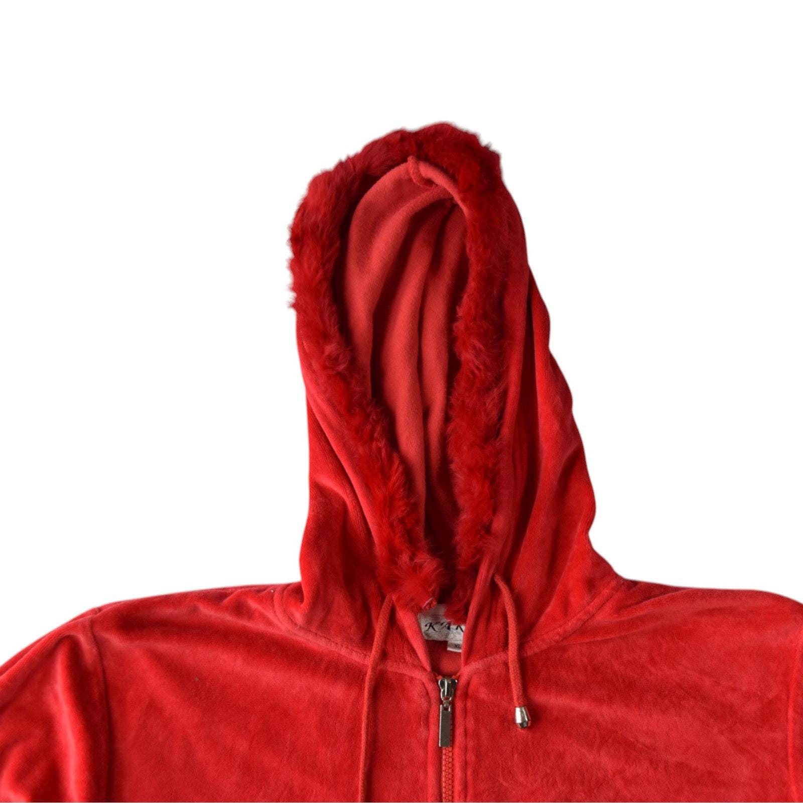 Vintage Y2K Red Velour Zip Hoodie Jacket With Faux Fur Trim - Size