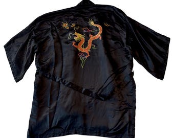 Vintage Hand Embroidered Dragon Pure Satin Silk Robe Kimono Large