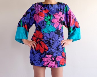 Retro 80s Mini Dress with Colorful Florals - Petite Fit