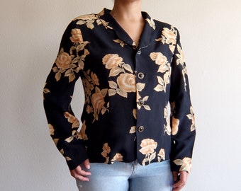 80s Style Vintage Floral Print Blouse - Long Sleeve Button Up Top