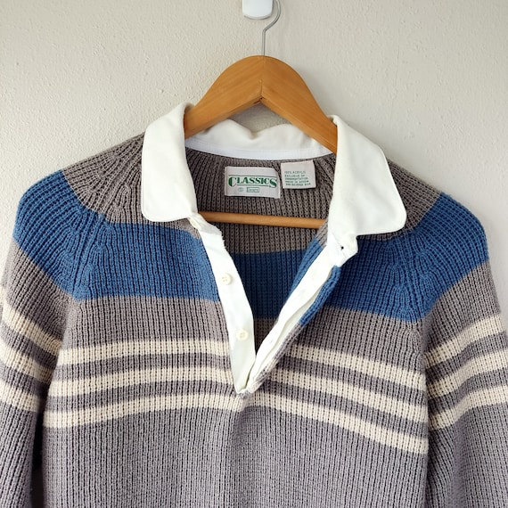 70s gray striped knit collared sweater size small - image 4