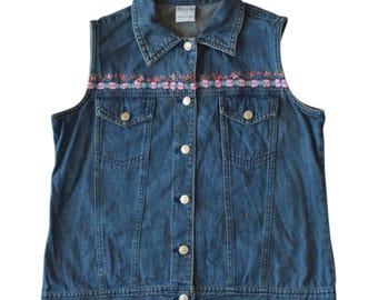 90 Floral Embroidered Denim Vest Size Small