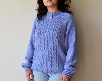 Women Gray Lilac Italian Merino Wool Cable Pullover Laced Front Knit Sweater Top 