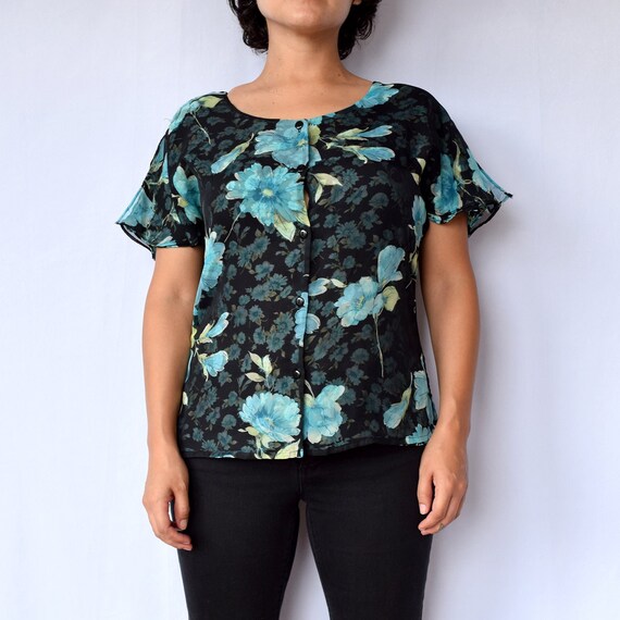 90s black and blue floral chiffon reversible blou… - image 3