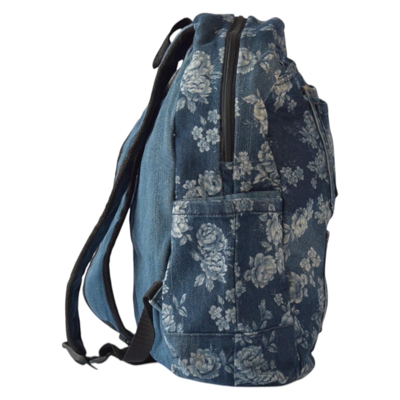 Upcycled Floral Denim Backpack With Jeans Pockets – Y2K Boho  display picture 2