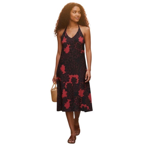 Y2k Red & Black Floral Backless Halter Dress -Size Large