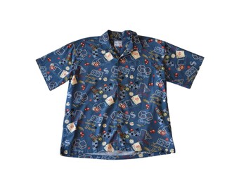 Camisa vintage de algodón y rayón con estampado de casino de David Carey, Lucky Seven, talla XL