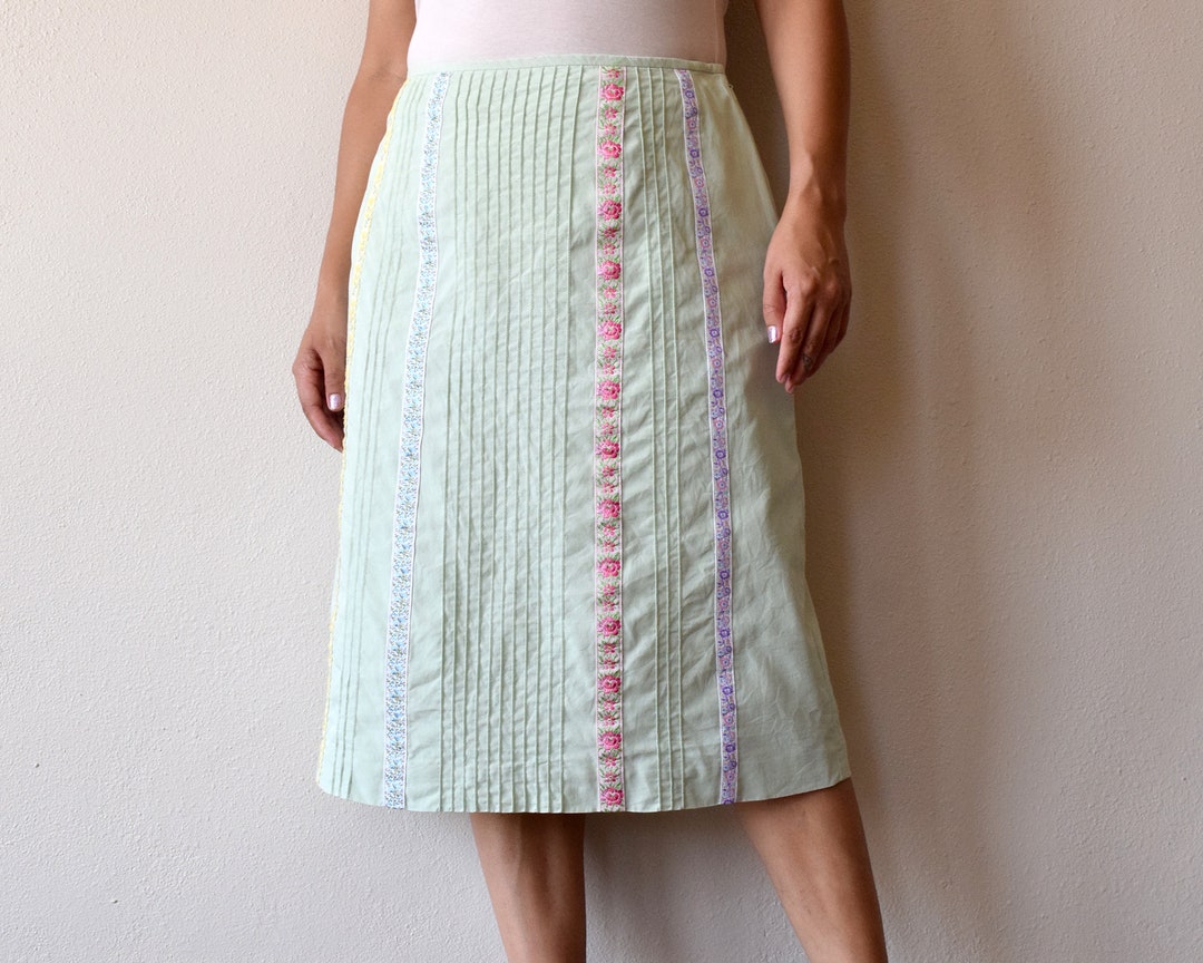 90s Floral Midi Light Green Skirt Etsy