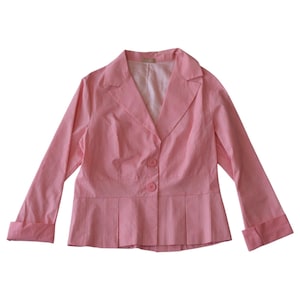 May include: A pink and white striped blazer with a two-button fastening and a pleated hem. The blazer features long sleeves with turned-up cuffs and a notched lapel. The lining is a solid light pink.