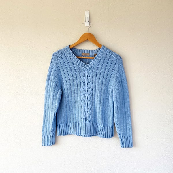 Y2K Light Blue Chunky Knit V-Neck Sweater - Petite Extra Large