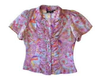 Y2K Rampage Pink Transparentes Hemd mit Blumen-Paisley-Muster im Retro-Stil der 70er Jahre, Größe Medium