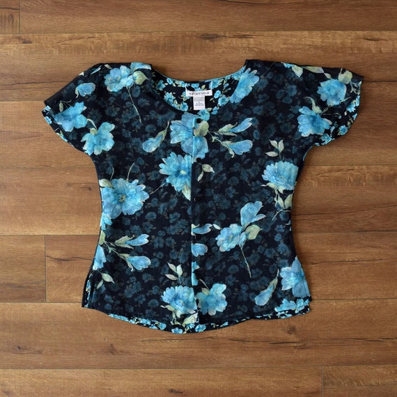 90s black and blue floral chiffon reversible blou… - image 8