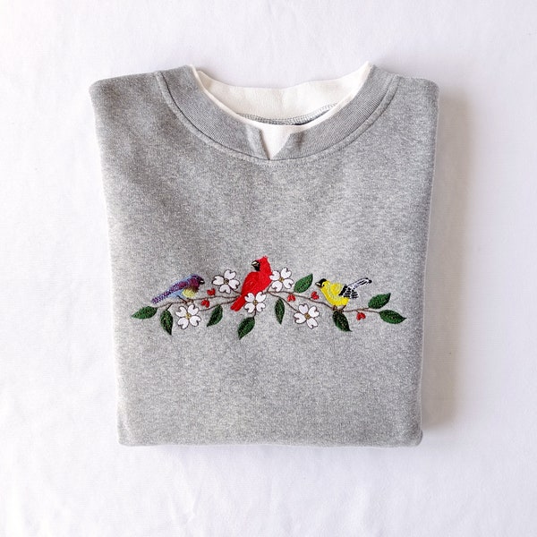 Vintage Embroidered Birds Crewneck Sweatshirt - Grandmacore Style
