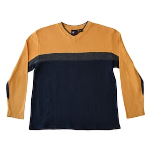 90s Yellow Navy Blue Striped Cotton Knit Sweater - Skater Streetwear Aesthetic