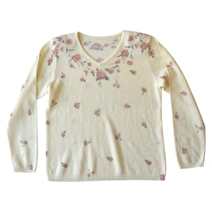 Unique Vintage 80s Grandmacore Cottage Floral V-Neck Sweater Size Large