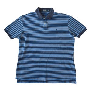 May include: A blue and navy striped polo shirt with short sleeves. The shirt features a navy collar and cuffs, and a small embroidered logo on the chest. The shirt is made of a soft, breathable fabric.