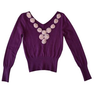 Y2K Purple Rose Floral V Neck Sweater XS - Soft Knit Jumper