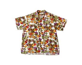 Camisa de acampamento vintage Barry Bricken com estampa de frutas em rayon, tamanho G (tropical).