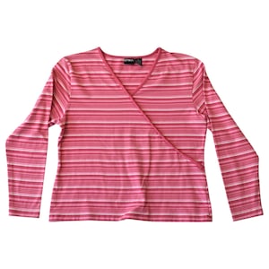 Y2K Pink Striped V-Neck Tee, Size XL - Retro Indie Fashion
