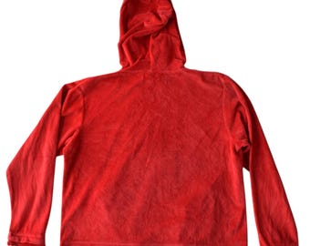 Vintage Y2K Red Velour Zip Hoodie Jacket With Faux Fur Trim - Size
