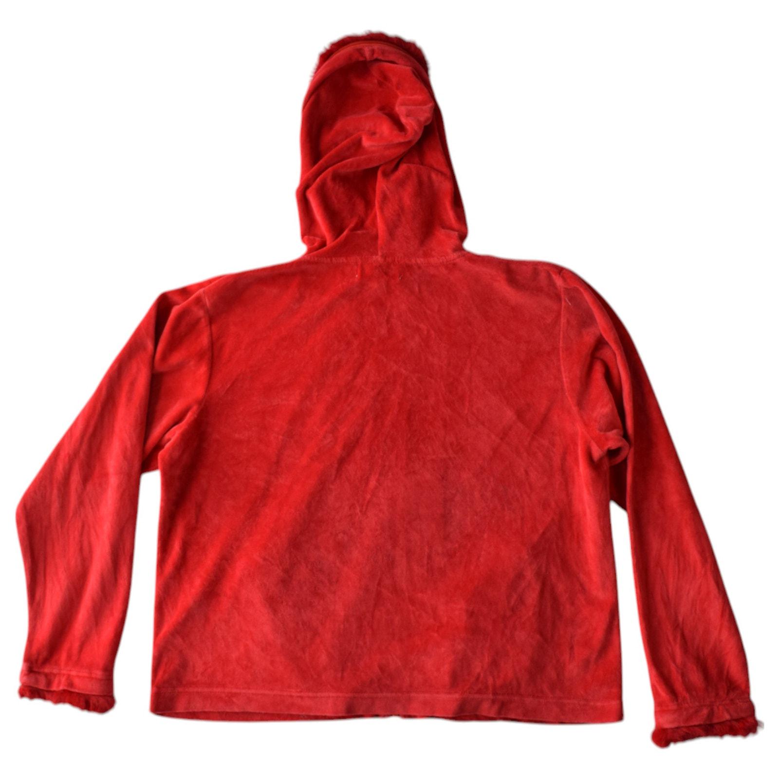 velvet fur riders jacket red 短丈 00s Y2K Vintage Y2K Red Velour Zip Hoodie Jacket With Faux Fur Trim - Size