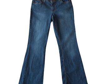 Jeans vintage Mossimo Mossissue Y2K de corte bota, talla 13 juvenil, tiro medio, lavado oscuro.