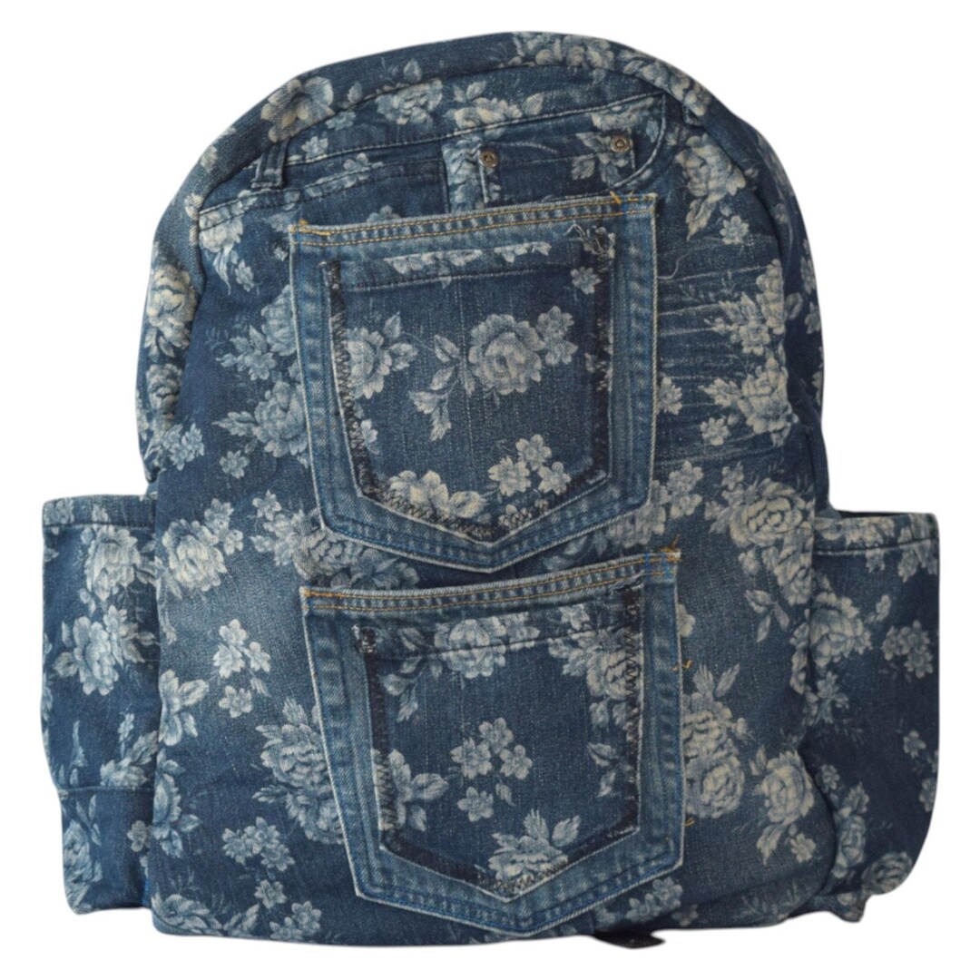 Upcycled Floral Denim Backpack With Jeans Pockets – Y2K Boho  display picture 3