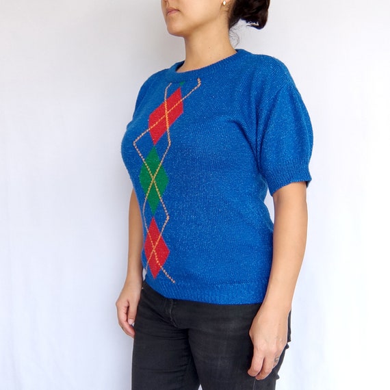 Vintage 80s Blue Argyle Short Sleeve Sweater Top,… - image 6