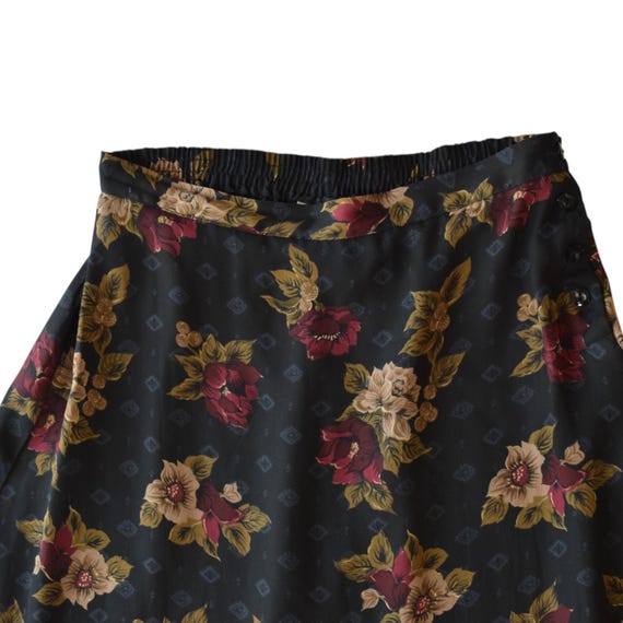 Vintage 90s Black Floral Chiffon A-line Midi Skirt Size Medium  