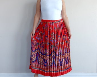 Red Paisley Floral Pleated Accordion Midi Skirt | Size Small