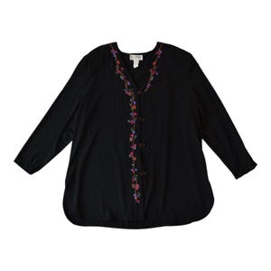 Vintage 80s Floral Embroidered Folklore Button Up Blouse Plus Size 22W/24W