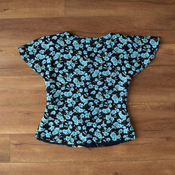 90s black and blue floral chiffon reversible blou… - image 7