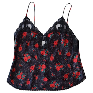 Vintage Black and Red Floral Satin Cami Top - Size Medium Retro Style
