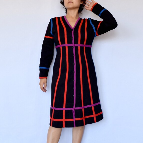 80s knits by don vintage black striped wool butto… - image 2