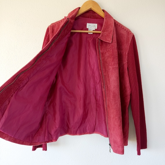 y2k red suede leather knit sleeves jacket plus si… - image 3