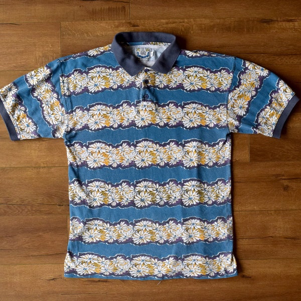 Polo rétro bleu 90s à rayures et fleurs