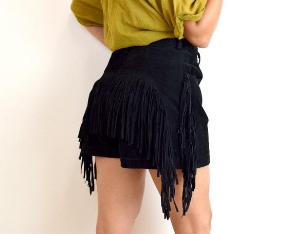 Black Suede Leather Fringe Shorts 28" Waist